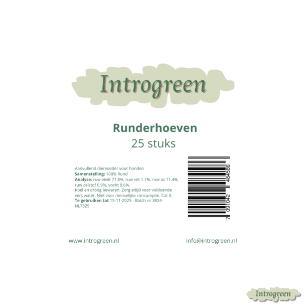 Ingrediëntenlabel Runderhoeven – hondensnack 25 stuks