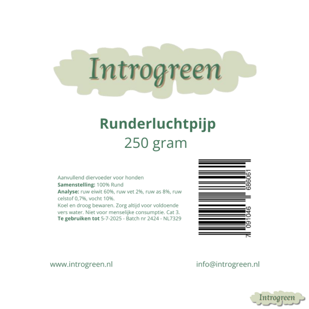 Ingrediëntenlabel Runderluchtpijp – hondensnack 250g