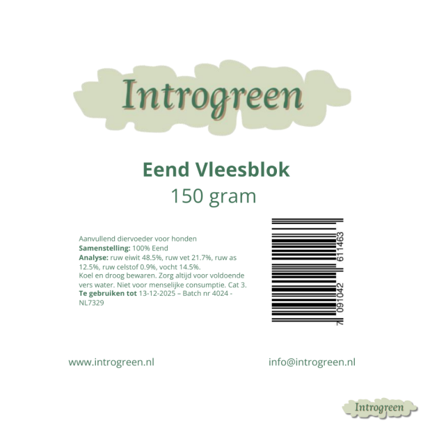 Ingrediënten Eend Vleesblok voor honden