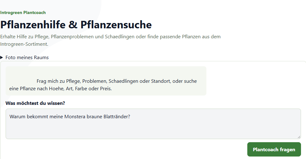 PlantCoach mit Fragefeld und Beispielfragen auf Deutsch
