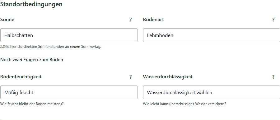 Gartenpflanzenauswahl im Pflanzenfinder mit Standortbedingungen